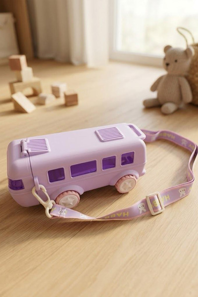 Kitchen Life Car Bus Shaped Leak-Proof Water Bottle with Strap and Straw 500 ml