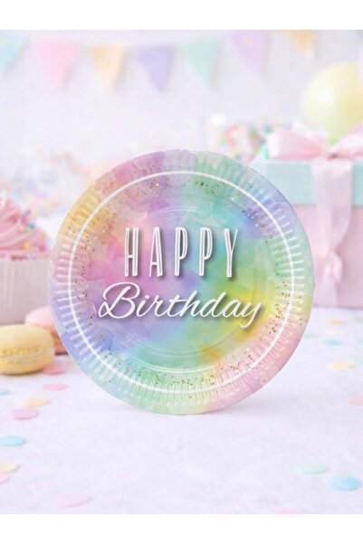 Parti Adresi Happy Birthday Temalı Tabak Makaron Doğum Günü Karton Tabağı 8'li