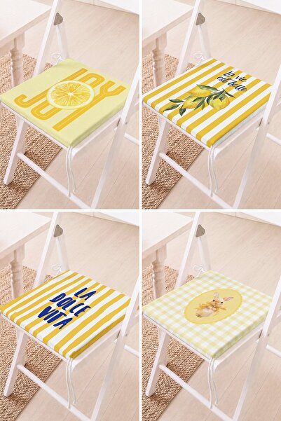 Home Set of 4 Lemon Patterned Yellow Striped Written Lace-Up Chair Cushions K...