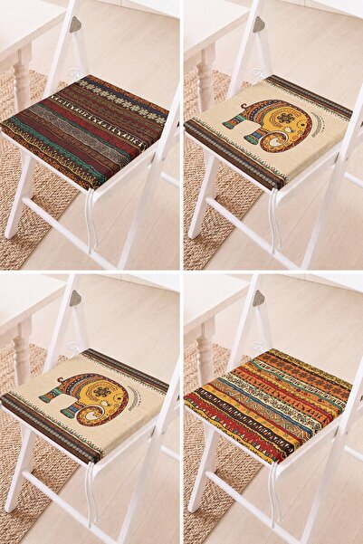 Home Set of 4 Ethnic Patterned and Elephant Figured Lace-Up Chair Cushions