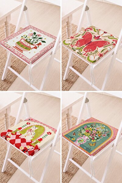 Home Set of 4 Colorful Flower Teapot and Cat Patterned Lace-Up Kitchen Chair ...