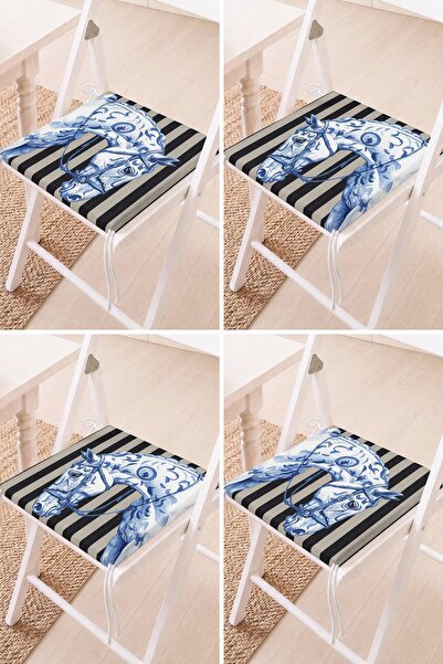 Home Set of 4 Blue Horse Figured Black and White Striped Lace-Up Chair Cushions