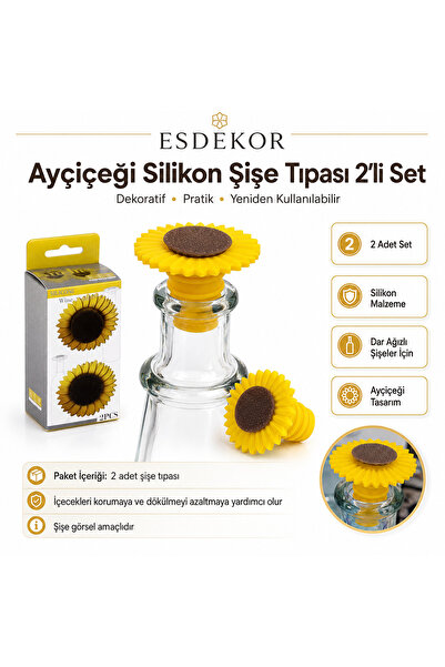 esdekor Sunflower Design Yellow Silicone Bottle Stopper Set of 2