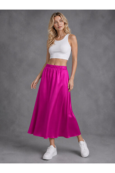 UTDU Flat Satin Skirt with Elastic Waist and Hidden Zipper on the Side