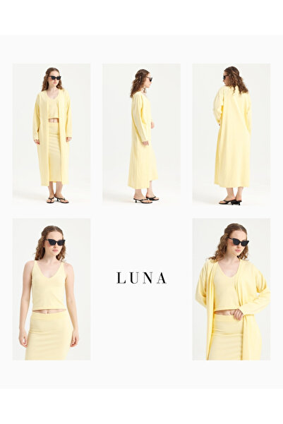 femmes fraiches Luna Exclusive Soft Sarı Crop Top - Etek - Kimono Takım
