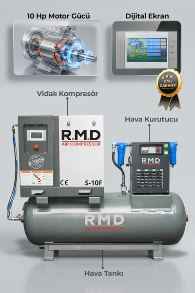 R.M.D Kompresör 10 Hp 500 lt Depo Üstü Vidalı Hava Kompresör Seti S-10F