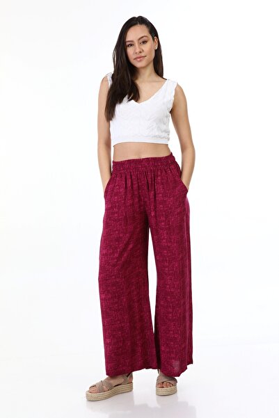 della moor Women's Plum Color Elastic Waist Wide Leg Viscose Casual Trousers ...