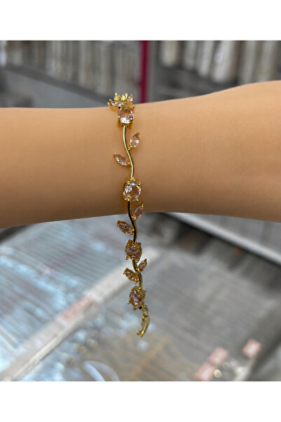 JAMMY JEWERLY Pembe Taşlı Gül Dalı Tasarım Gold Renk Kadın Bileklik