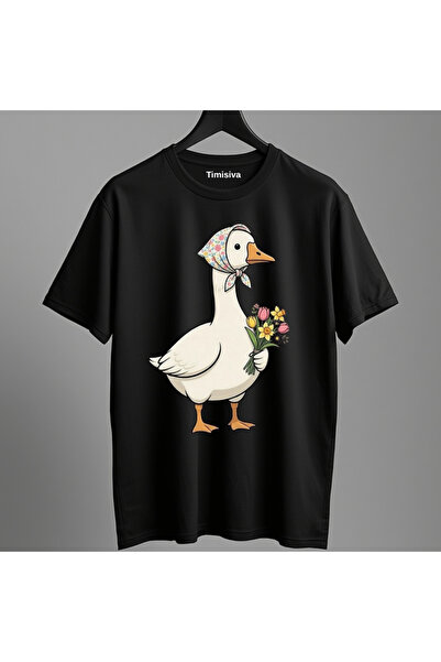 TİMİSİVA Unisex Oversized Printed Crew Neck Short Sleeve Black T-Shirt