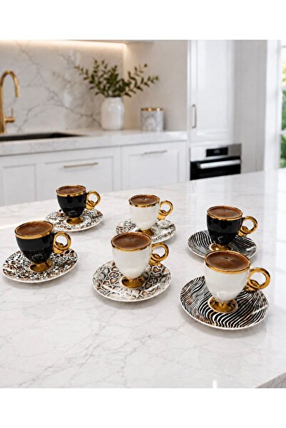 Santara Acar Elysion Brute Gold Detaylı Leoparlı Porselen 6 Kişilik Türk Kahv...