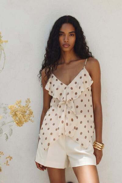 Sateen Polka Dot Patterned Ruffled Blouse with Straps - Beige