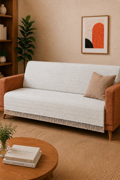 Gizo Home Ars |   Cotton Non-Slip Washable Multi-Purpose Bohemian Sofa Cover Single&Triple 180X210 Sofa Cover, Armchair Cover, Sofa Shawl Cream