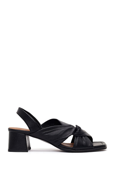 Derimod Women's Black Short Thick Heeled Leather Sandals 26Pfd230418