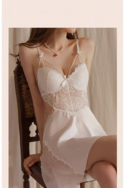 NOOR STUDIO Sexy White Floral Lace Satin Slip Nightgown Deep V Spaghetti Stra...