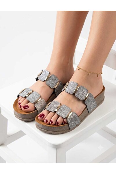 McDark Women's High Sole Stone Detailed Cork Sole Slippers-Silver