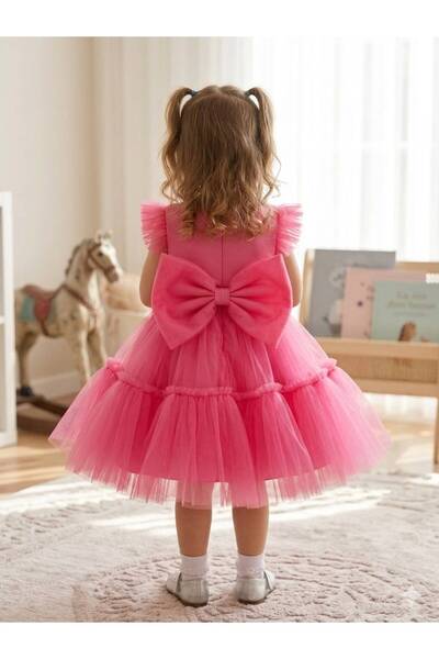 sarena Fluffy Pink Tutu Ruffle Detailed Design Children's Evening Dress