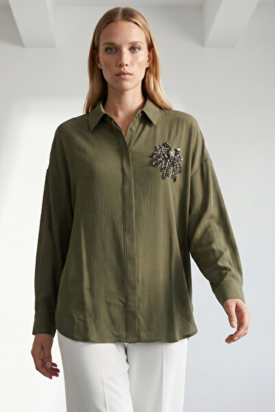 Exquise Shirt Collar Long Sleeve Embroidered Regular Crinkle Shirt