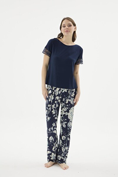 Sevim Women's Short Sleeve Lace Detailed Navy Blue Pajama Set Floral Patterne...