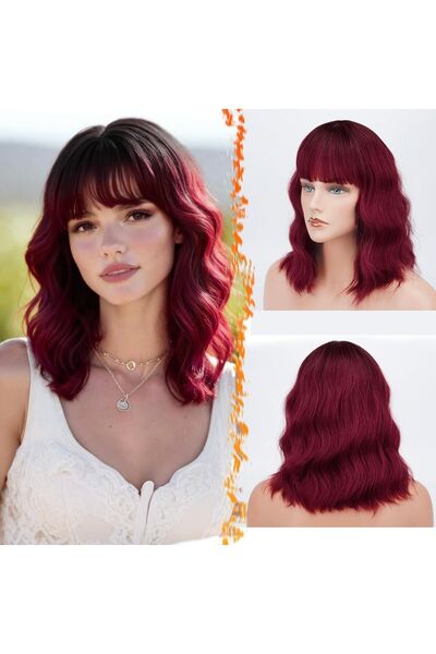 Dotail Perucă bob ondulată, cu breton, ușoară, 35 cm, fibră sintetică, Ombre ...