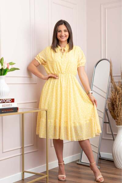 OEM Rochie retro Krista cu buline albe si maneci bufante - Galben pastel