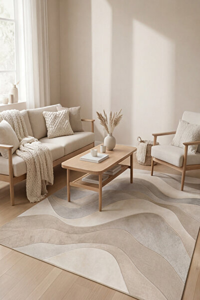 Pearlora Home Bej Dalga Desenli Modern Salon Halısı Kaymaz Taban Dekoratif Di...
