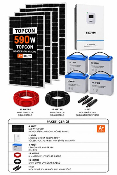 Lexron 6.2 Kva 6200w Mppt + 4x590w Güneş Paneli + 4x105ah Jel Akü Enerji Paketi