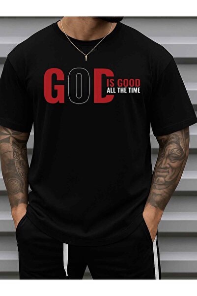 NOURAM تي شيرت رجالي بطبعة "God Is Good All The Time" بوزن 180 جرامًا، أسود 1...