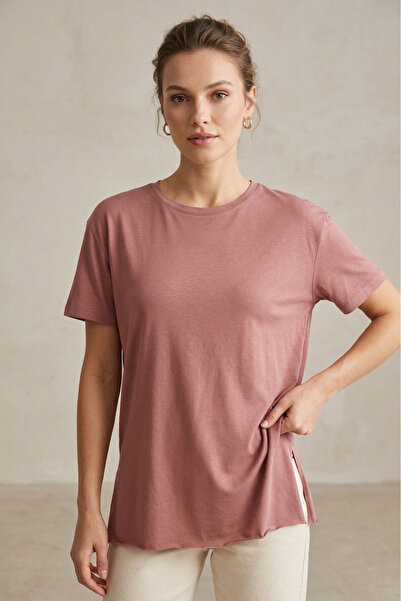TOFİSA Short Sleeve Slit T-Shirt Rose - 2113-Gul