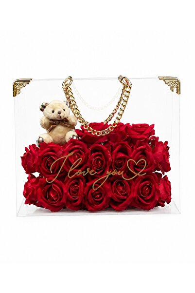 SAYDORA FLOWERS Yapay Gül Aranjmanı Peluş Ayıcıklı Şeffaf Çanta – I Love You ...