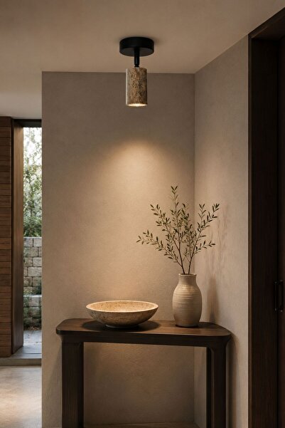 Baz Aydınlatma Gray Travertine Black Metal Single Ceiling Spot Chandelier Gu1...