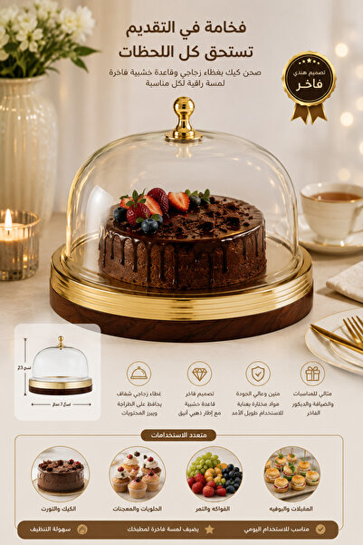 Dania ✨   28cm Luxury Wooden Base Glass Cover Cake Stand and Plate |   Elegan...