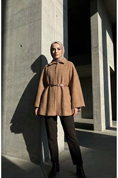 sefamerve Bouquet Fabric Belted Winter Poncho 2233-04 Milk Coffee