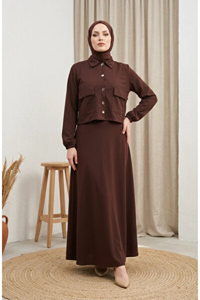 sefamerve Scuba Fabric Jacket Dress Double Set 0233-04 Brown