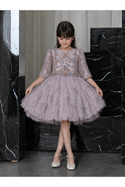 Lindissima Lace Embroidered Layered Tulle Girls' Evening Dress for Wedding, B...