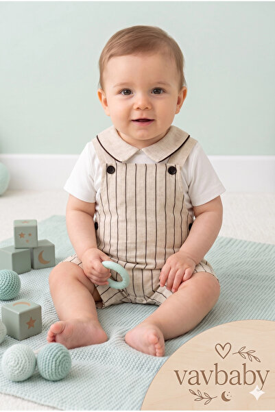 VaVbaby Baby Boy Striped Linen Salopet Jumpsuit and Baby Collar T-Shirt Two-P...