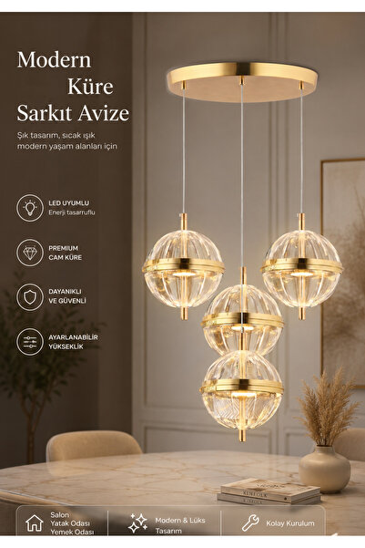 arge aydınlatma Gold Renk 4 Toplu Ledli Sarkıt Modern Salon Oturma Odası Sark...