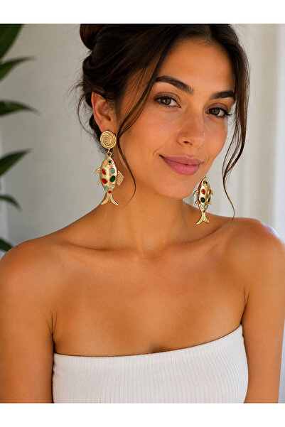 ZS Aksesuar Colorful Stone Detailed Fish Figured Earrings – Gold Color Sea Th...