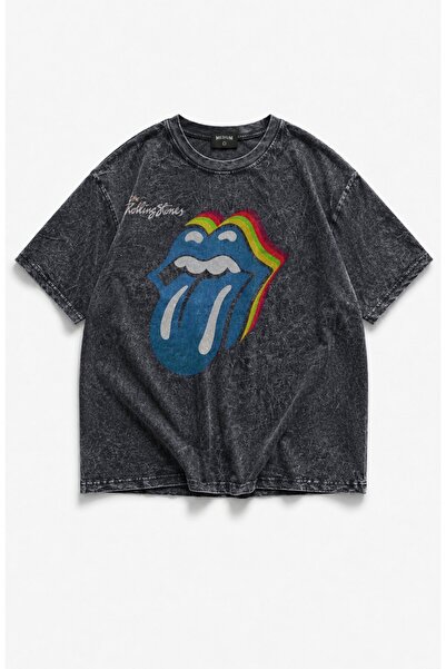Fuddy Moda Unisex Rolling Stones Logo Printed Washable T-Shirt, Oversized Roc...