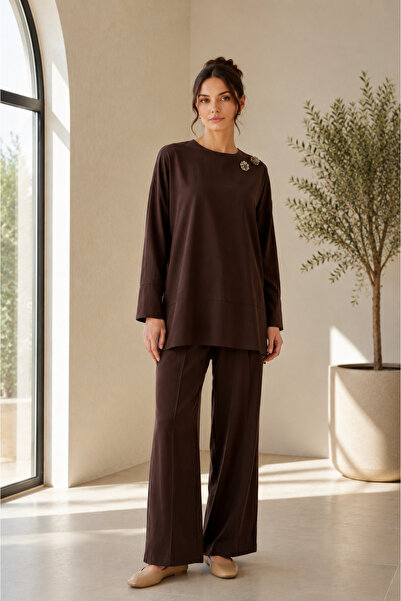 Puane Women's Stone Embellished Brooch Detailed Tunic with Side Slits Trouser...