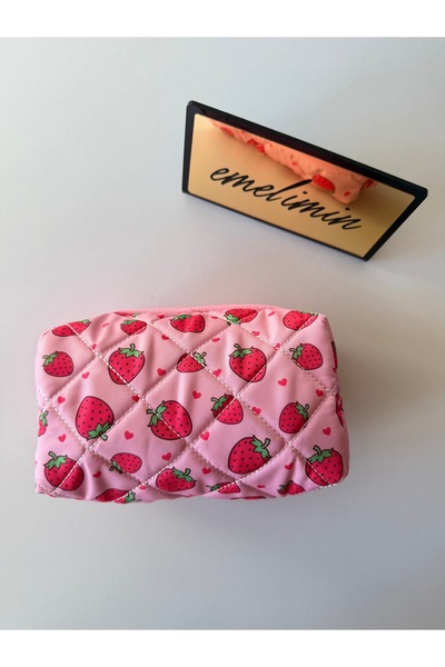 emelimin Women's Pink Strawberry Detailed Quilted Makeup Bag Travel Cosmetic ...