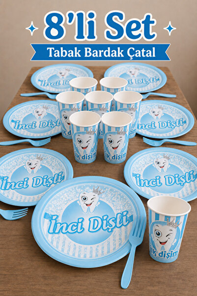 Baloncu Nene İnci Dişli Baby Boy Tooth Wheat Blue Party Set 8 Pieces Plate Cu...