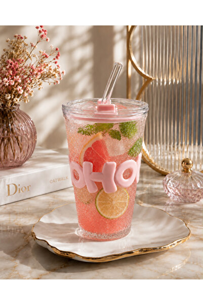 Shopping Fashion Patterned Glass Cup with Straw