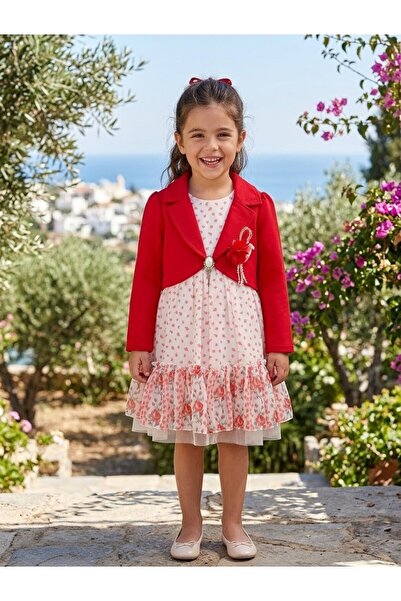 BAUMWOLLE Girl's Red Bolero and Floral Patterned Tulle Dress Set
