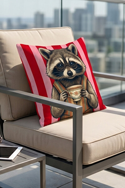Atay Home Raccoon Patterned Decorative Cushion Cover with Glasses Drinking Coffee 43X43 cm Double-Sided Red Pink Stripes