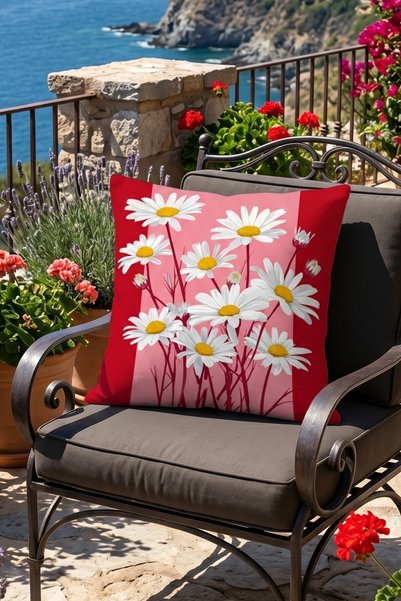 Atay Home غطاء وسادة مزخرف بنقشة ديزي مقاس 43x43 سم، ذو وجهين، بحافة حمراء وخلفية وردية