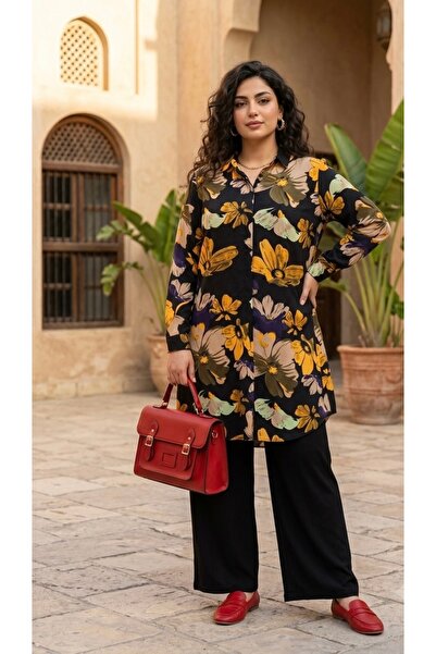 Polologin Butik قميص نسائي من الفيسكوز بنمط زهور صفراء على خلفية سوداء