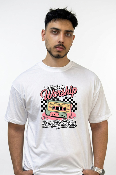 Anetos Worship Tape Design Printed Oversize White T-Shirt