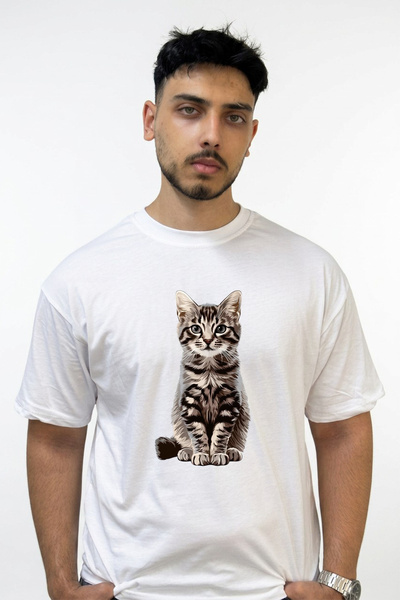 Anetos Tabby Kitten Design Printed Oversize White T-Shirt