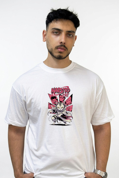 Anetos Naruto Cat Design Printed Oversize White T-Shirt