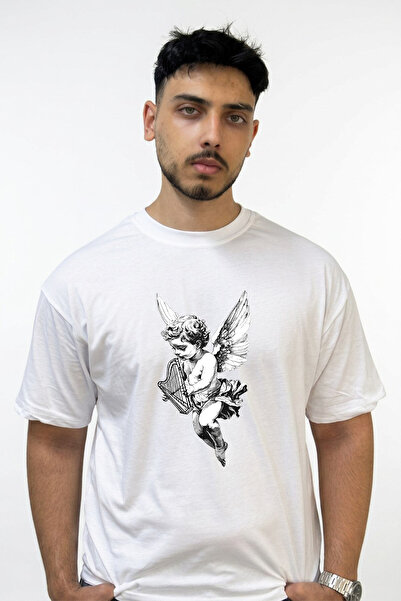 Anetos Cherub Harp Design Printed Oversize White T-Shirt